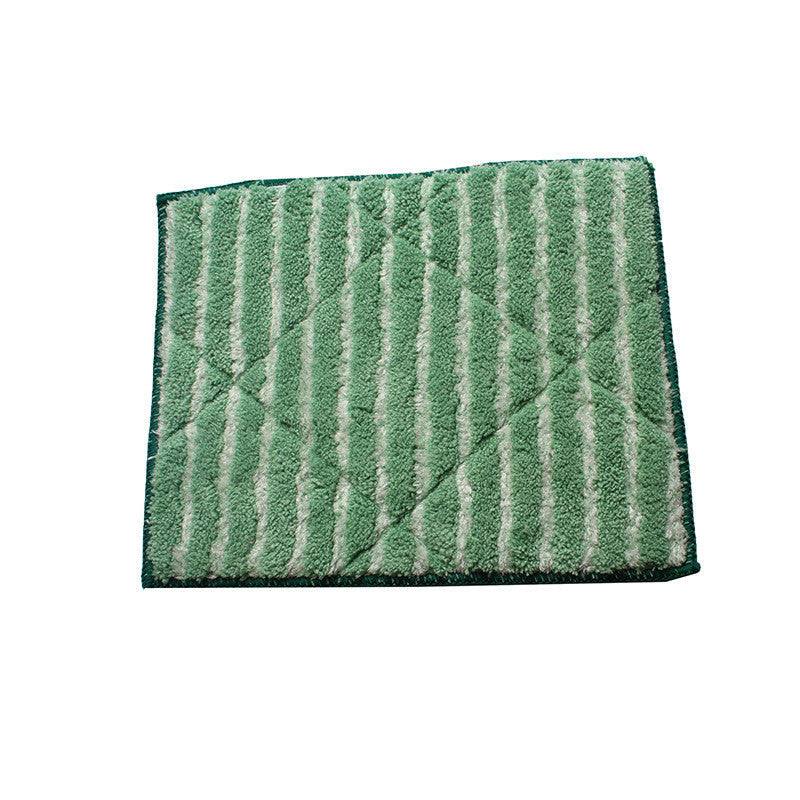 Green polyester kitchen cleaning cloth with white vertical stripes and quilted pattern designed for pots and bowls