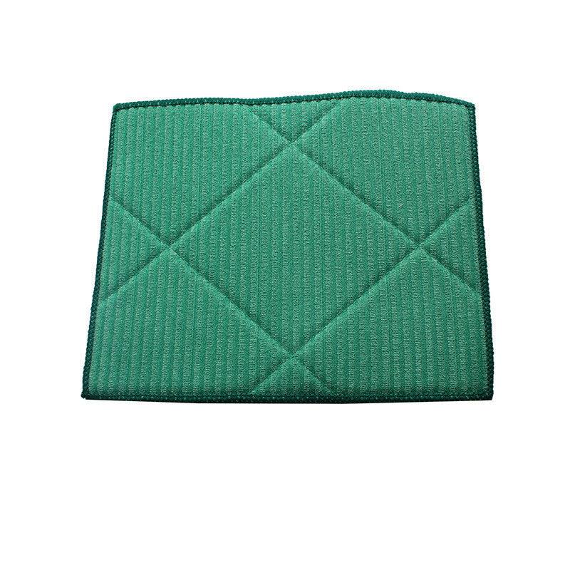 Green striped polyester kitchen cleaning cloth with quilted diamond pattern and black border edges