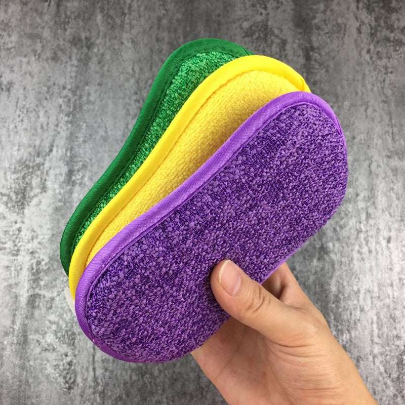 Kitchen cleaning towel set in purple, yellow, and green with textured microfiber surfaces held in hand