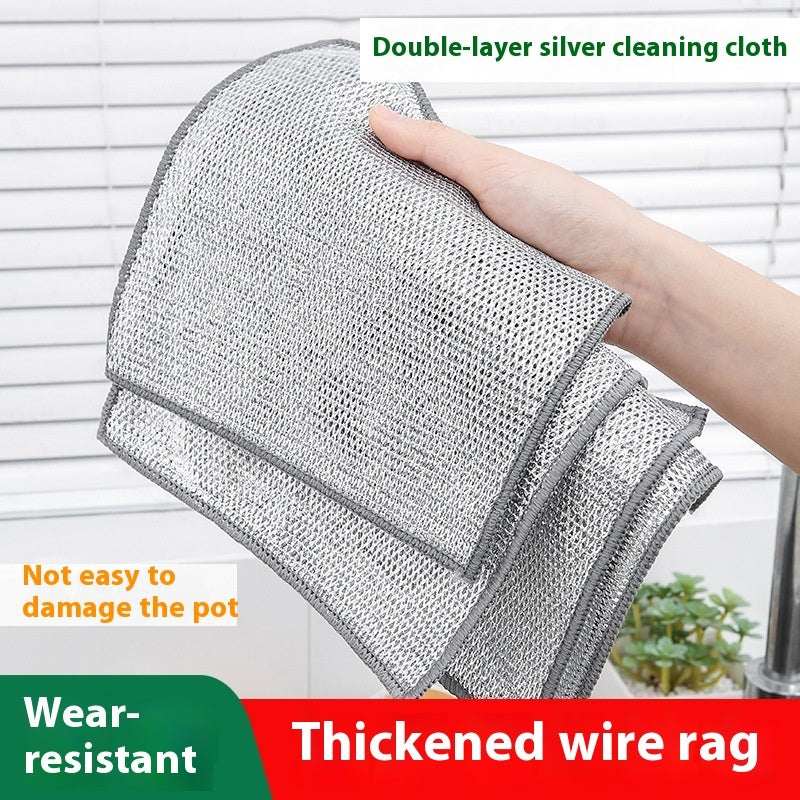 Metal Wire Cleaning Cloth double-layer silver thickened wire rag held by hand, wear-resistant kitchen cleaning cloth