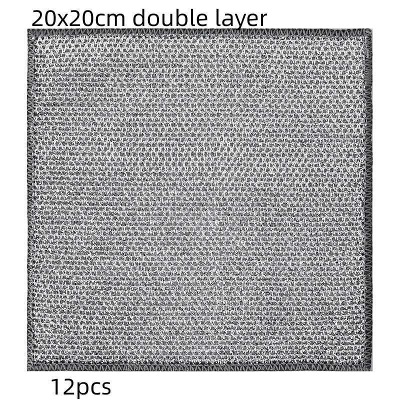 Metal Wire Cleaning Cloth in silver color with double-layer mesh texture, 20x20cm size, designed for efficient kitchen cleaning